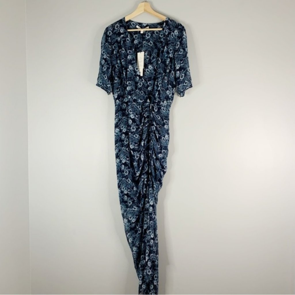 Veronica Beard Mariposa Midi Dress Blue Floral Ruched Silk Casual Womens 8